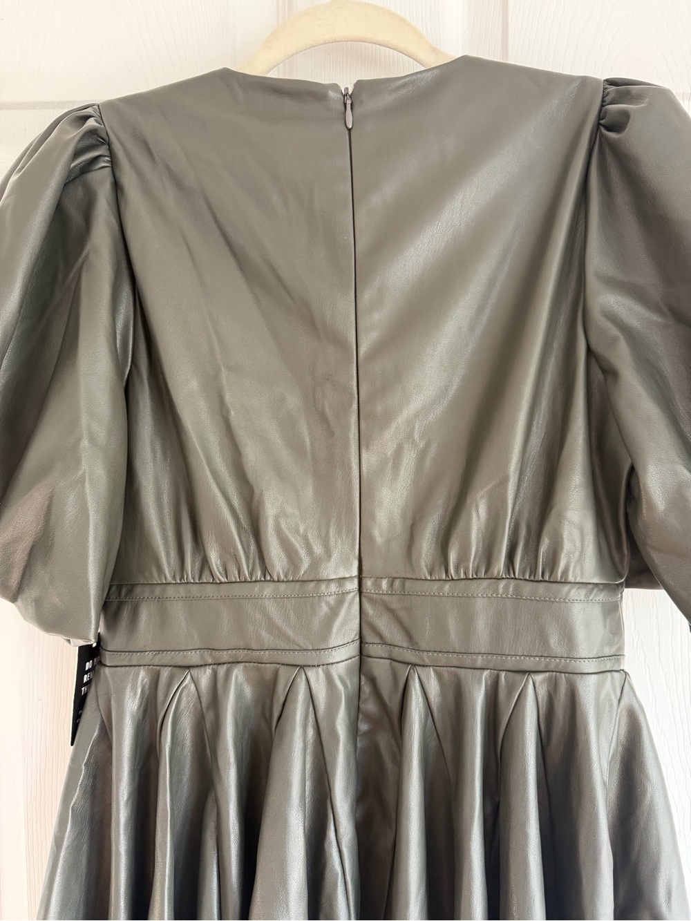NWT Express Olive Puff Sleeve Faux Leather Mini Dress - Picture 9 of 9